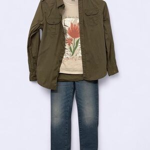 Graphic Tee Green Button Up and Jean Set